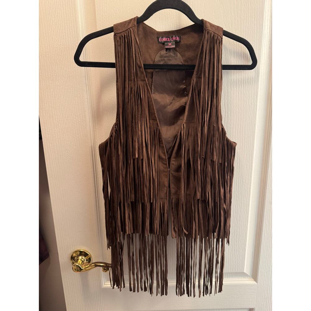 Rock & Roll Cowgirl Brown Faux Suede Fringe Vest Western Boho Festival Size M